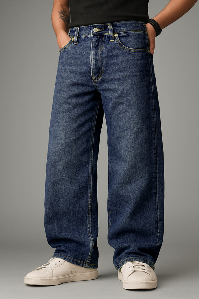 Denim: Dark Blue Beige Shade (Baggy Fit)